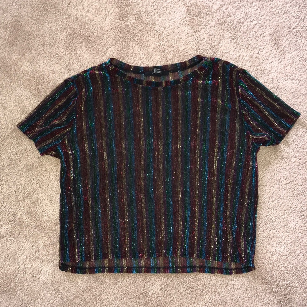 Rainbow sparkly striped crop short sleeve t-shirt